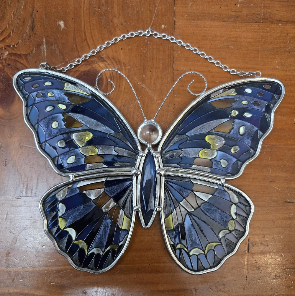 Blue Stained Glass Butterfly Suncatcher with Hanging Chain